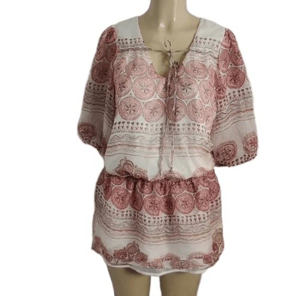 Women's Anthropologie Jenny Han 100% Silk Red&Cream Peplum Blouse Top Shirt SZM
